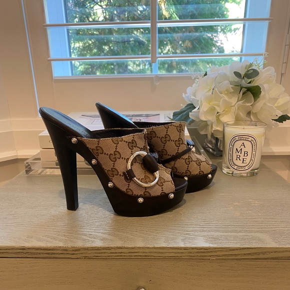 Gucci - Original GG Monogram - 120mm Heeled Clogs - Beige Ebony - Size 35.5 - Picture 1 of 7